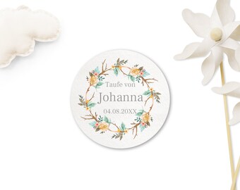 Aufkleber zur Taufe Aquarell Blumenkranz Geweih, 40mm, personalisierte Sticker zur Kommunion im Boho Stil | Happy Forest