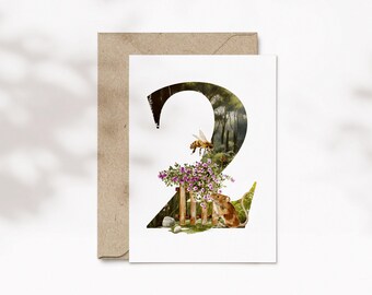 Karte zum Kindergeburtstag Alter 1 - 9 Jahre, Tiere im Garten, florale Geburtstagskarte mit Zahlen, Mädchen | GW