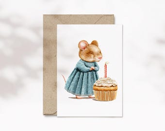 Karte zum Kindergeburtstag Maus, Glückwunschkarte zum 1. Geburtstag, Aquarell Tiere | Nostalgia Season