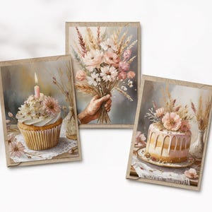 Grußkarten 3er Set, florale Glückwunschkarten zum Geburtstag, Trockenblumen in Pastell Ölfarben, Faltkarten A6 inkl. Umschlag | TBP