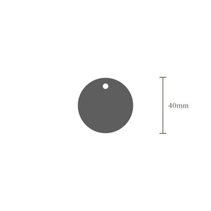 May include: A round, gray metal tag with a hole in the center. The tag is 40 mm in diameter.