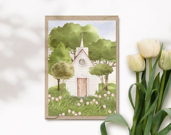 Karte zur Taufe Kirche, Glückwunschkarte Kommunion, Konfirmation, Faltkarte zu Ostern, Hochzeit, Bäume, Tulpen | Easter Aesthetics