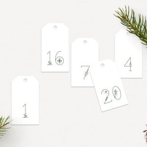 May include: White gift tags with green minimalist numbers and decorative elements. The tags are arranged on a white surface with pine branches and a pine cone. Numbers 1, 4, 7, 16, and 20 are visible.