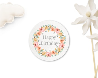 Geburtstagsaufkleber Blumen Boho, Aufkleber Happy Birthday, Sticker Set Geburtstag, 40mm, Geschenkaufkleber für Mädchen | Happy Forest