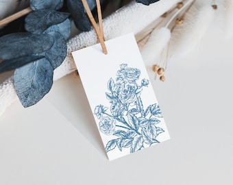 Geschenkanhänger Toile de Jouy Rosen in blau, 12 Stück, Deko Anhänger Set im Vintage Stil, rechteckige Etiketten, Line Art | TDJ