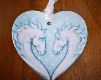 Ceramic horse. Blue and white, heart shaped, Valentines Day gift and equestrian decor.