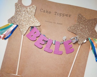Rainbow shooting star personalized cake topper, various colours available.