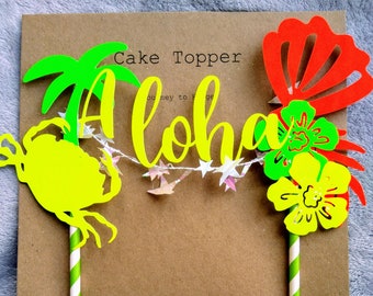 Aloha tropical cake topper, kids birthday, neon, cake decoration, personalized.