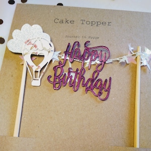 Happy birthday cake topper, hot air balloon, clouds, kids birthday.
