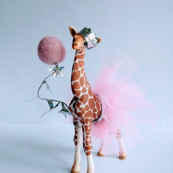 Schleich baby giraffe, wearing a pink tutu and glitter crown mini personalized flag, cake topper animal.