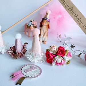 Animal Cake Topper Accessory Set: Mini Party Hats, Floral Crown