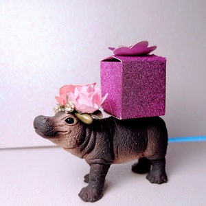 Schleich baby hippo cake topper, add your own accessories, personalized mini flag included, birthday, baby shower.