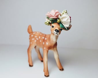 Schleich fawn animal cake topper, floral crown, birthday cake decoration.