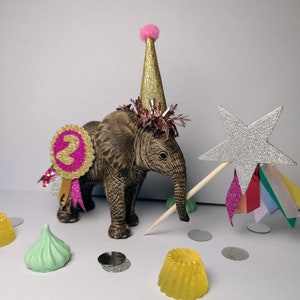 Schleich baby elephant cake topper, party hat, personalized mini flag, birthday cake, add extra accessories.