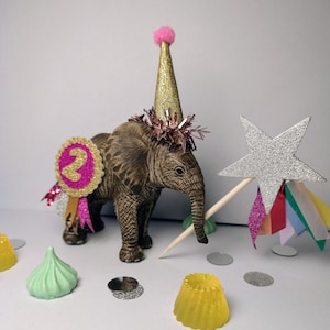 Schleich baby elephant cake topper, party hat, personalized mini flag, birthday cake, add extra accessories.