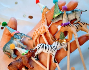 Mini cake topper animal set, animals wearing party hats, comes with a mini personalized flag.