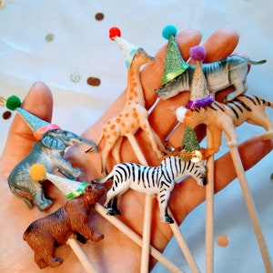 Mini cake topper animal set, animals wearing party hats, comes with a mini personalized flag.