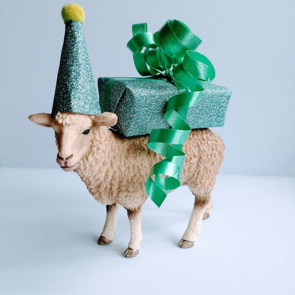 Schleich sheep cake topper animal, choose your accessories, includes a personalized mini flag with wording of your choice.