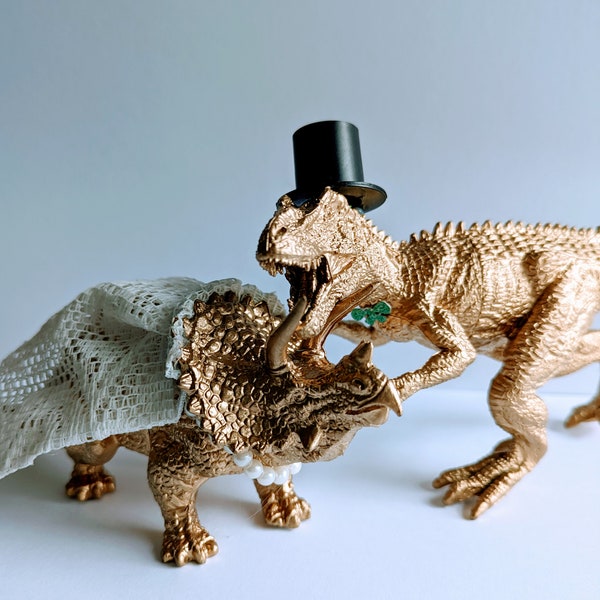 Dinosaur wedding cake toppers. Mini personalized flag included. Dinosaur party, add your own accessories, wedding