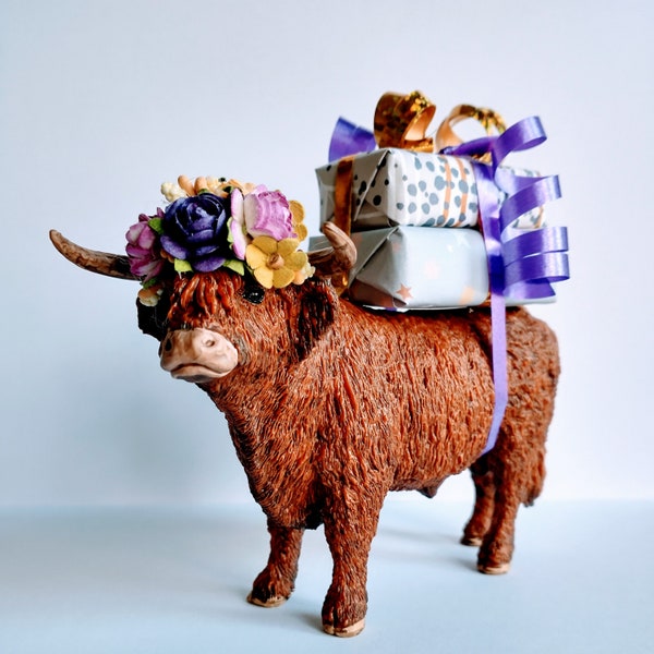 Schleich Highland cow cake topper, add your own accessories, includes a mini personalized flag.