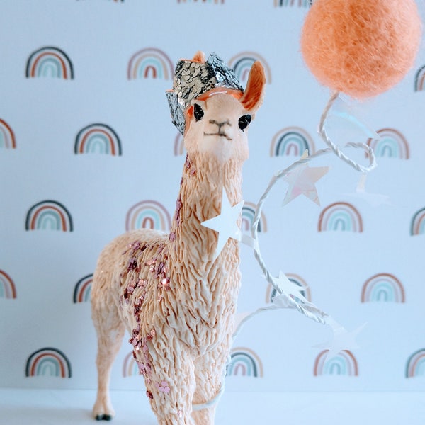 Schleich llama cake topper, add your own accessories, party Llama, includes a personalized mini flag