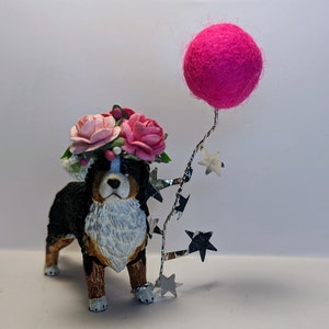 Schleich Bernese mountain dog wearing a foral crown, cake topper, including mini personalized flag, add your own accessories.
