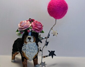 Schleich Bernese mountain dog wearing a foral crown, cake topper, including mini personalized flag, add your own accessories.
