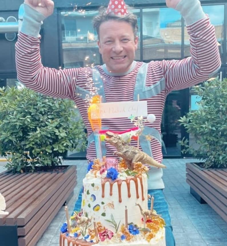 May include: A birthday cake decorated with a dinosaur theme, featuring brown frosting drips, colourful flowers, and a toy dinosaur. The cake is topped with candles and a sign that reads "The Naked Chef". A person is wearing a red and white striped shirt and a party hat.