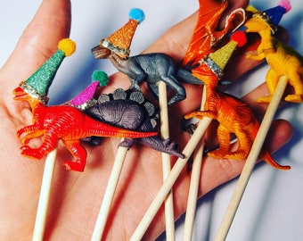 Mini Dinosaur Cake Topper Set: Party Hats & Personalized Flag