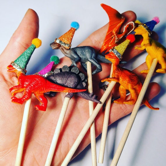 Mini Dinosaur Cake Topper Set: Party Hats & Personalized Flag