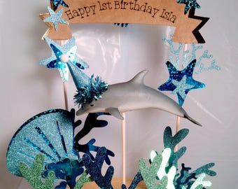 Under the sea cake topper, personalized banner, coral, children's birthday cake.  Dolphin not included, available separately in the shop.