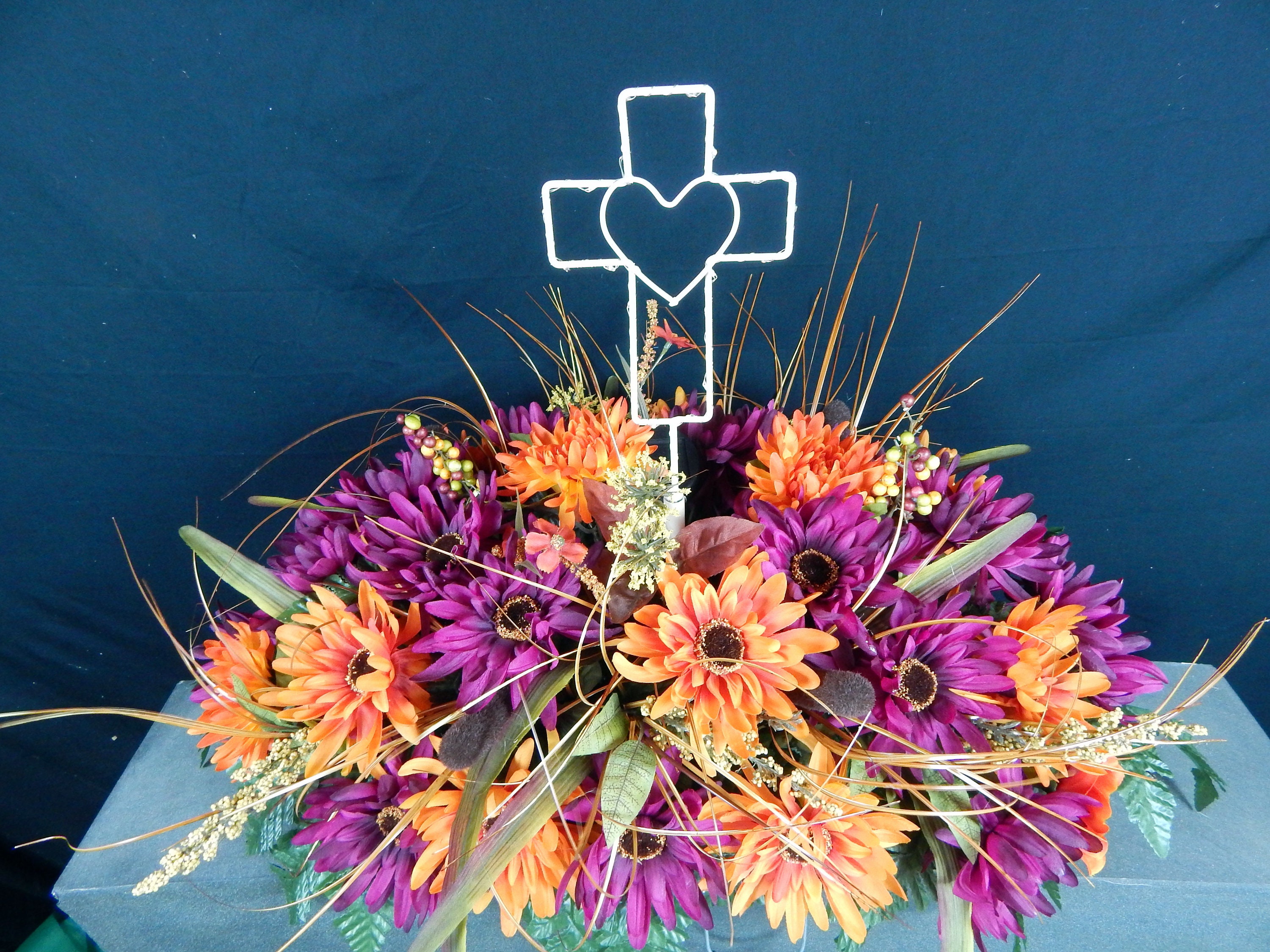 Solar String Light Cross Fall Double Headstone Saddle With Etsy