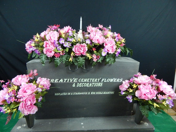 Cemetery Flower Solar Flickering Candle Double Headstone Etsy