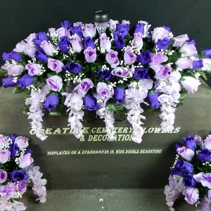 Cemetery Flower Double Or Regular Size Headstone Saddle + Matching Vase Bushes + Solar Light-Grave Flowers-Cemetery Flowers-Memorial Flowers
