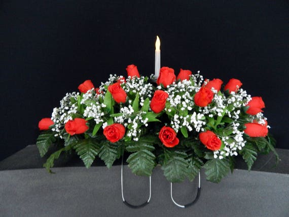 Solar Light Candle Teardrop Red Rosebud Cemetery Silk Flower Etsy