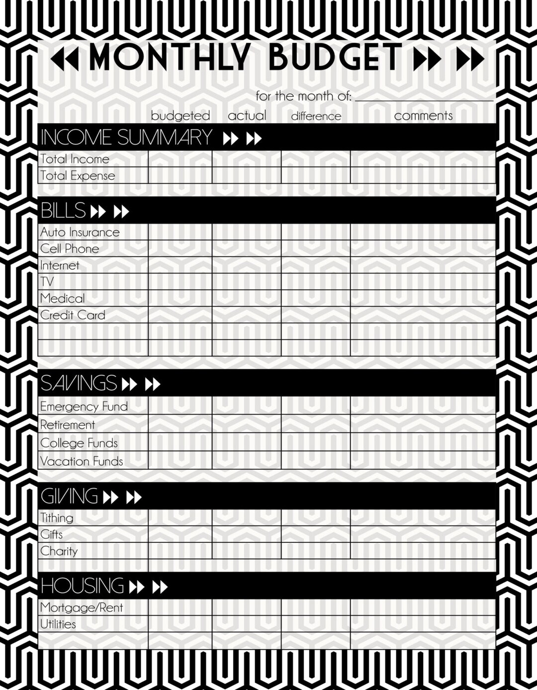 Black and White Modern Monthly Budget Printable - Etsy