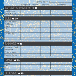 May include: A blue and gold printable budget tracker with the title "MONTHLY BUDGET" and categories for income, bills, savings, giving, and housing.