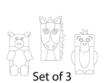 農場の動物の紙袋人形 - 3 個セット - 塗り絵用空白 - 印刷可能な子供向けクラフト