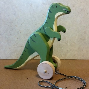 Large Wooden T-Rex Dinosaur Rolling Toy with optional Pull String for Toddlers and Kids