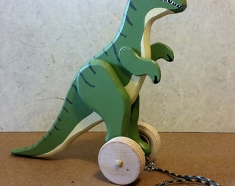 Large Wooden T-Rex Dinosaur Rolling Toy with optional Pull String for Toddlers and Kids