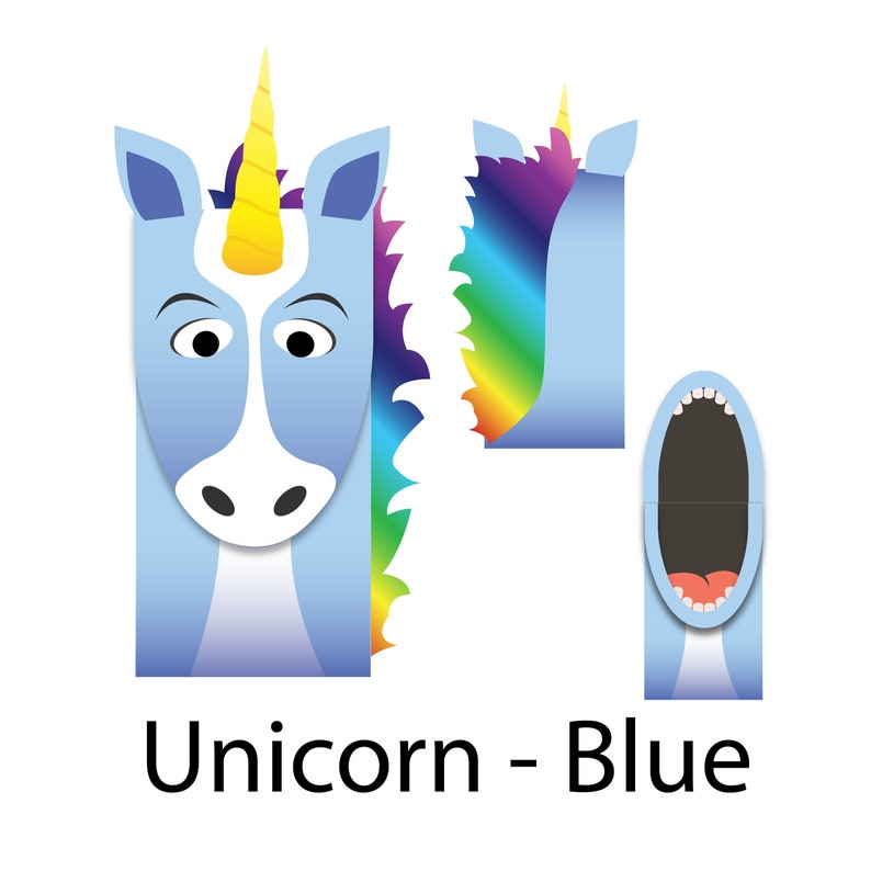 blue unicorn paper bag puppet full color downloadable pdf etsy