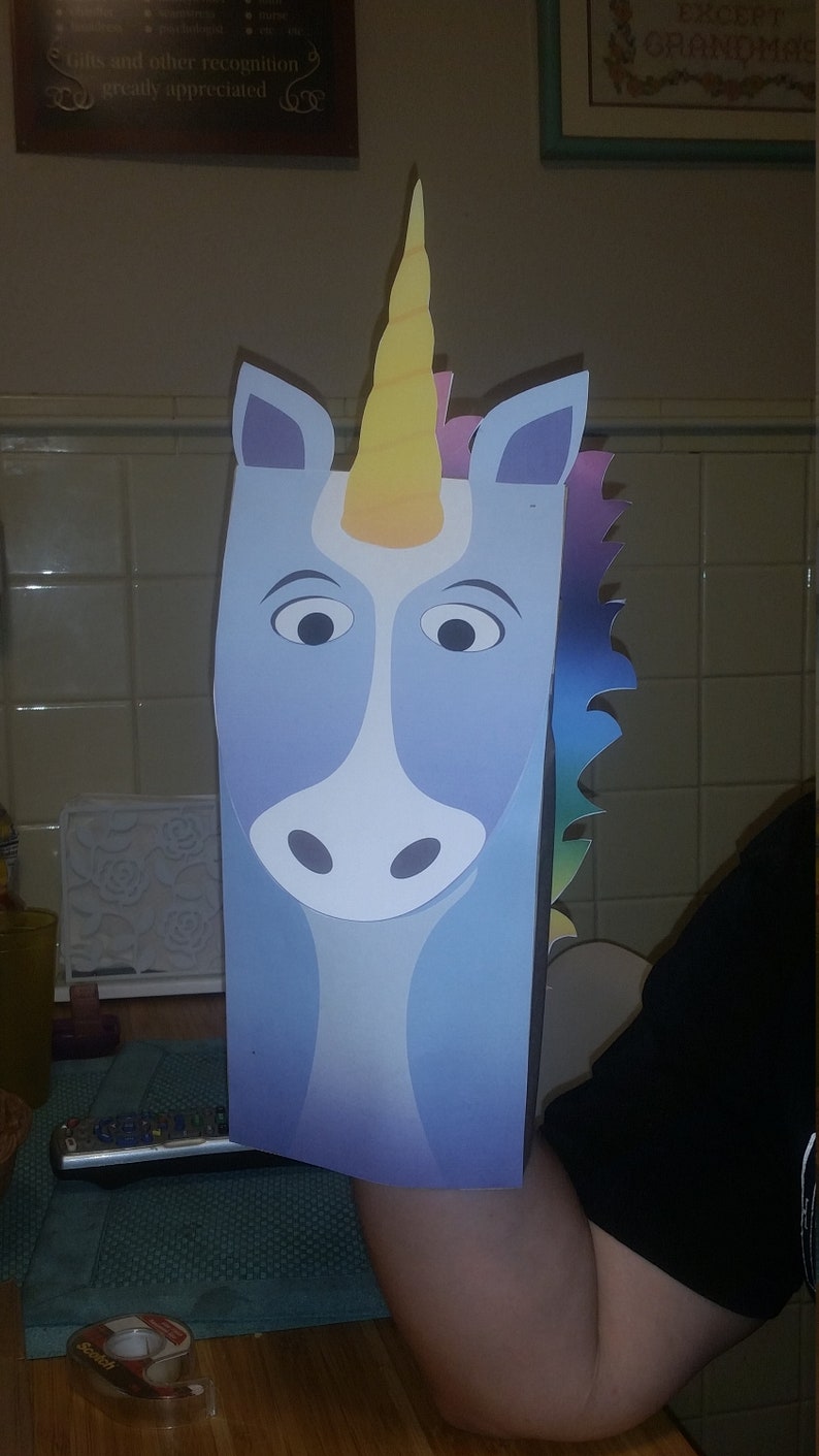 blue unicorn paper bag puppet full color downloadable pdf