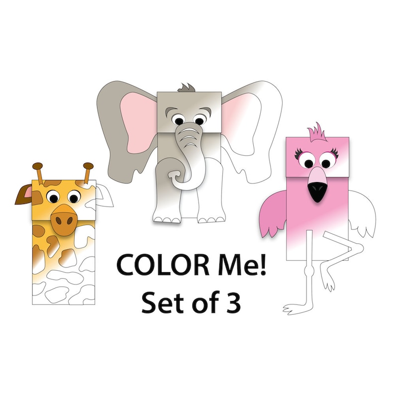 Puede incluir: Un conjunto de tres marionetas de bolsa de papel, listas para ser coloreadas. Las marionetas son un elefante, una jirafa y un flamenco. Las marionetas est&aacute;n todas delineadas en negro y tienen rasgos simples. El texto "COLOR Me! Set of 3" est&aacute; impreso debajo de las marionetas.