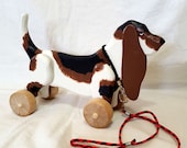Large Wooden Basset Hound Rolling Toy with Optional Pull String for Toddler and Kids