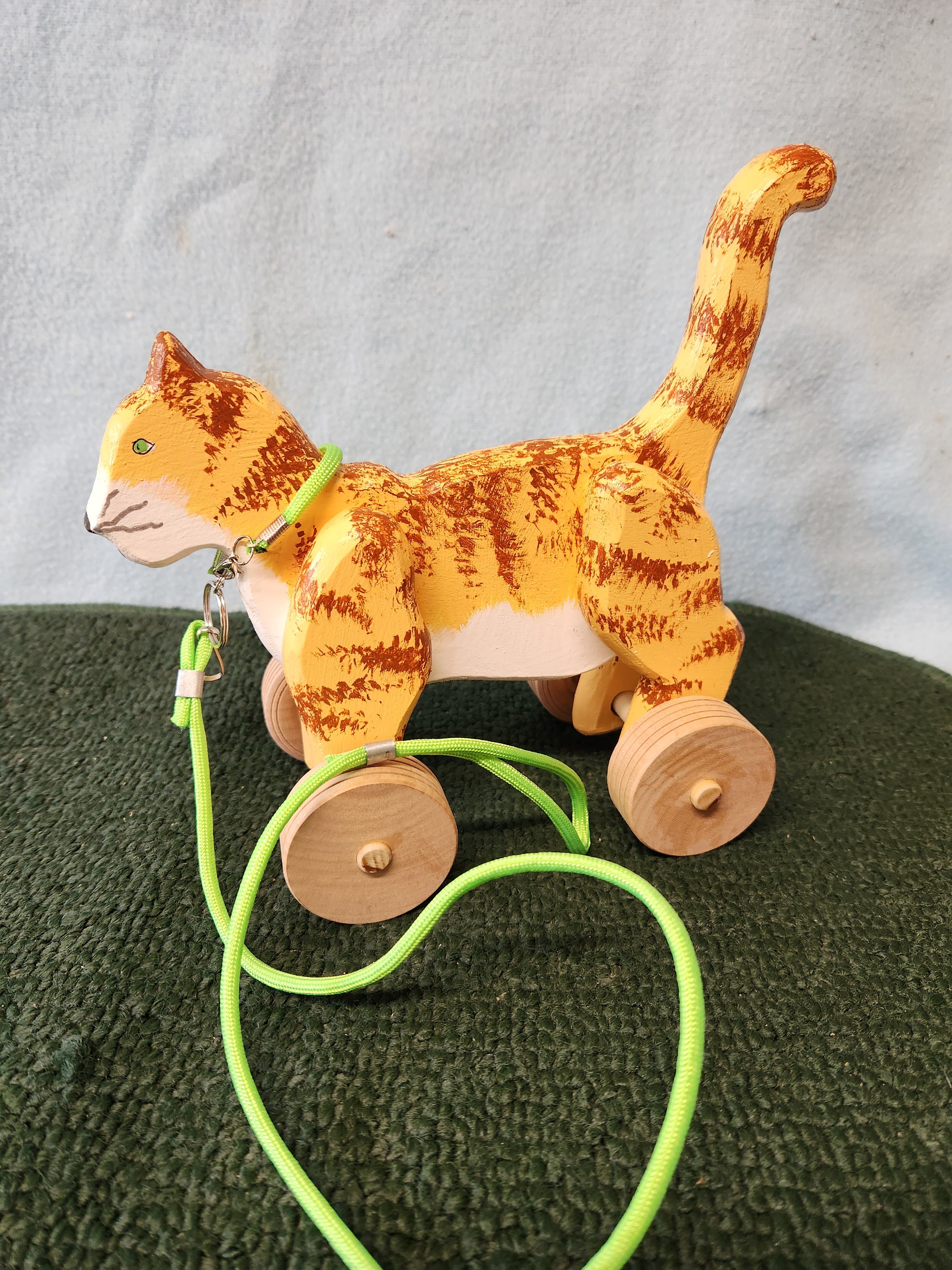 Large Wooden Cat Rolling Toy With Optional Pull String for