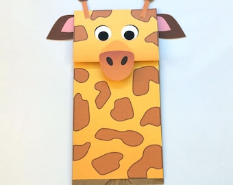 Títere de jirafa con bolsa de papel - Manualidad infantil descargable en PDF