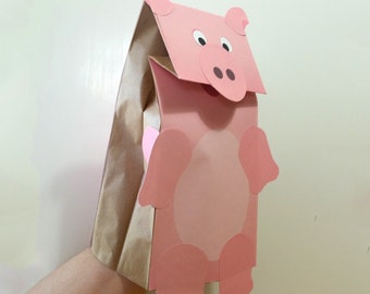 豚の紙袋人形 - フルカラー - ダウンロード可能なPDFキッズクラフト