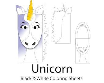 ユニコーンの紙袋人形 - 塗り絵用空白 - ダウンロード可能な PDF - キッズ クラフト