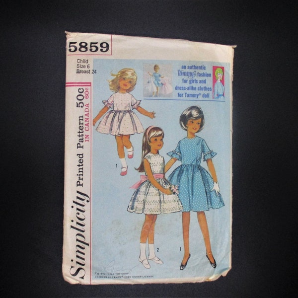 Vintage Simplicity 5859 ca 1962 Dress pattern for Child and Tammy Doll Child size 6 Bust 24