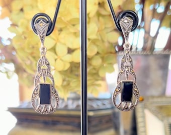 Pendientes de ónix y marcasita Art Déco ~ Piensa en Downton Abbey ~ Pendientes de marcasita ~ Pendientes Art Déco ~ Envueltos para regalo